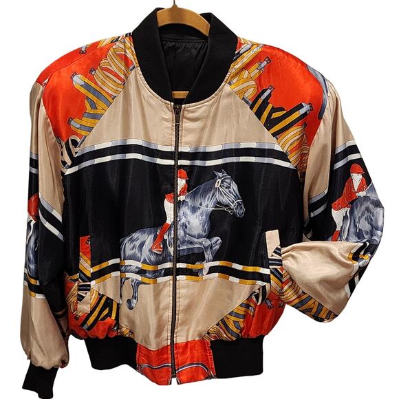 Vintage 80s Silk Equestrian Horse Racing Bomber Jacket M Jockey Kentucky Derby - Picture 1 of 7